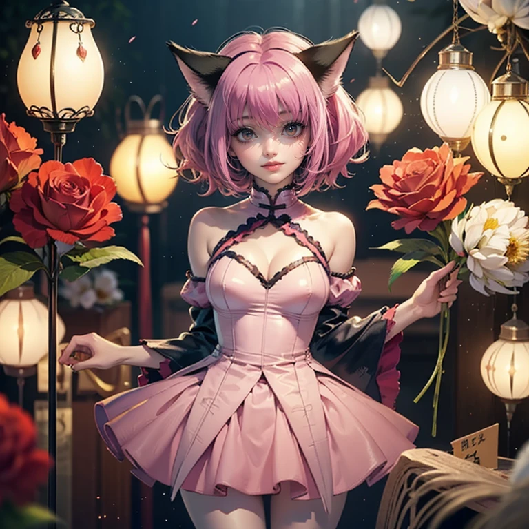 Ichigo Momomiya, Tokyo Mew Mew, short hair, pink hair, ornament hair, cat ears, perfectly body, perfectly hands,  flowing hair, maid, maid dress, maid headdress, maid apron, white apron, holding a lantern, Chinese lantern, shrine scenery, red roses on focus, gold lantern, Chinese style, Chinese maid dress, marsala dress, more details on her clothes, black dress with transparency, golden details, night, smiling, ((4k, masterpiece, top-quality)),8k, best quality, high resolution, HD, (illustration:0.8), super cute girl, delicate and beautiful face, mature girl, super cute hairstyle, (beautiful detailed eyes:1.6), extremely detailed face, perfect lighting, extremely detailed CG, (perfect hands, perfect anatomy), Best quality, cleavage, small skirt, full Body, two arms, two legs, two hands, five fingers