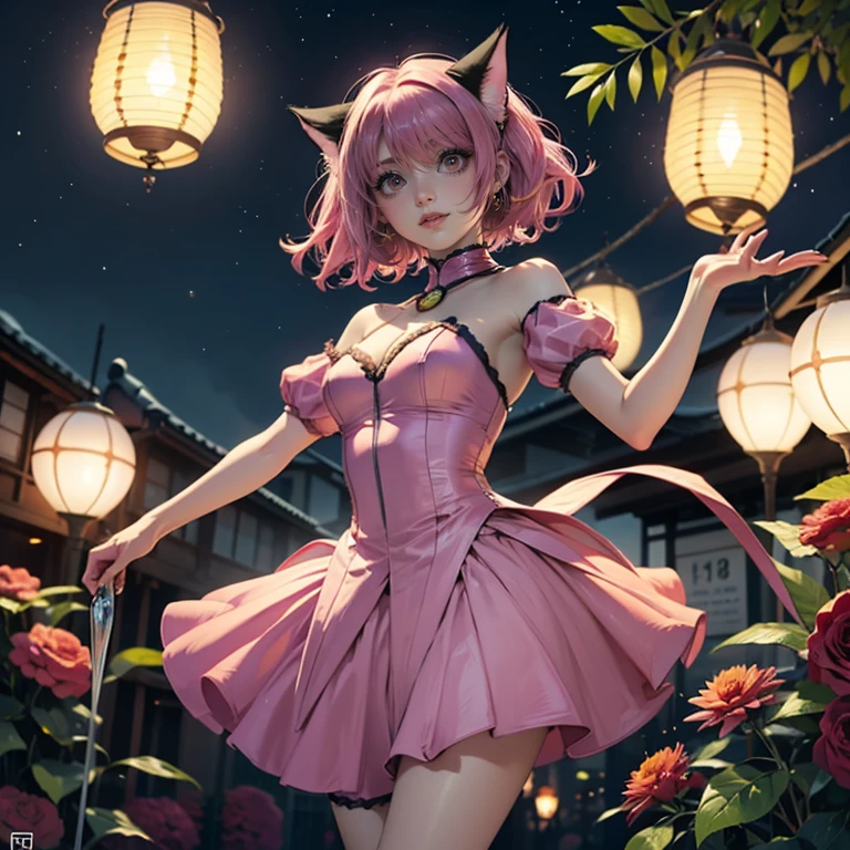 Ichigo Momomiya, Tokyo Mew Mew, short hair, pink hair, ornament hair, cat ears, perfectly body, perfectly hands,  flowing hair, maid, maid dress, maid headdress, maid apron, white apron, holding a lantern, Chinese lantern, shrine scenery, red roses on focus, gold lantern, Chinese style, Chinese maid dress, marsala dress, more details on her clothes, black dress with transparency, golden details, night, smiling, ((4k, masterpiece, top-quality)),8k, best quality, high resolution, HD, (illustration:0.8), super cute girl, delicate and beautiful face, mature girl, super cute hairstyle, (beautiful detailed eyes:1.6), extremely detailed face, perfect lighting, extremely detailed CG, (perfect hands, perfect anatomy), Best quality, cleavage, small skirt, full Body, two arms, two legs, two hands, five fingers