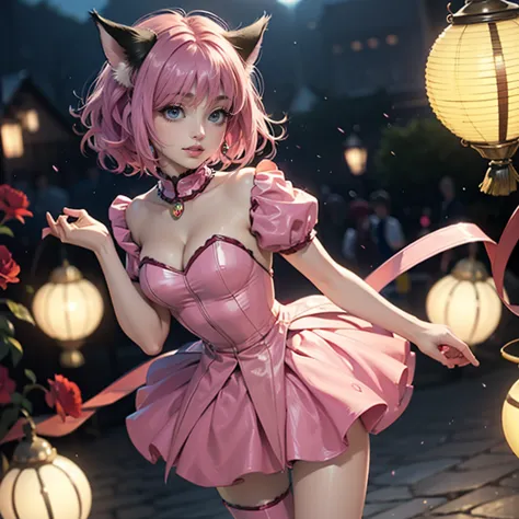 ichigo momomiya, tokyo mew mew, short hair, pink hair, ornament hair, cat ears, perfectly body, perfectly hands,  flowing hair, ...