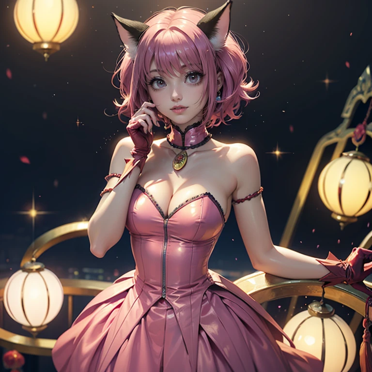 Ichigo Momomiya, Tokyo Mew Mew, short hair, pink hair, ornament hair, cat ears, perfectly body, perfectly hands,  flowing hair, maid, maid dress, maid headdress, maid apron, white apron, holding a lantern, Chinese lantern, shrine scenery, red roses on focus, gold lantern, Chinese style, Chinese maid dress, marsala dress, more details on her clothes, black dress with transparency, golden details, night, smiling, ((4k, masterpiece, top-quality)),8k, best quality, high resolution, HD, (illustration:0.8), super cute girl, delicate and beautiful face, mature girl, super cute hairstyle, (beautiful detailed eyes:1.6), extremely detailed face, perfect lighting, extremely detailed CG, (perfect hands, perfect anatomy), Best quality, cleavage, small skirt, full Body, two arms, two legs, two hands, five fingers