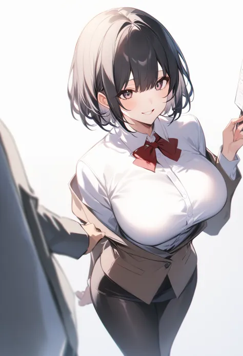 score_9,one girl,large breasts,teacher,smile,black hair,short hair,bangs,off the shoulder_shirt,skirt_suit,pantyhose,