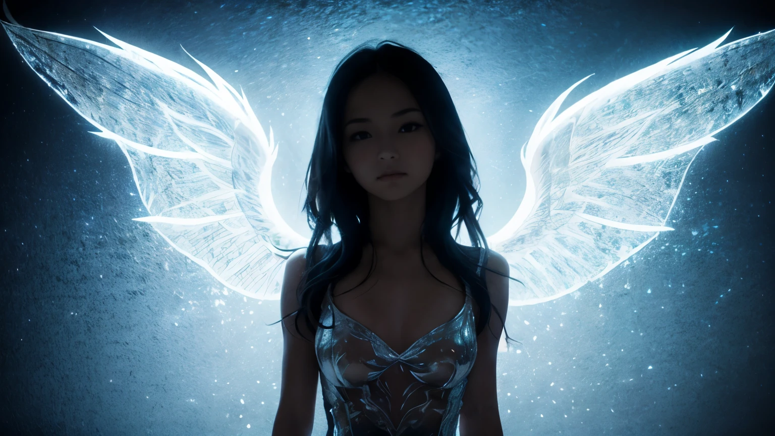 I would like to generate an image of a girl with calm hair color and large wings on her back.. The image must be in monochrome style, showcasing intricate details and sharp focus. A girl should have a beautiful and calm expression., Exudes angelic grace. Please make sure the generated image follows these instructions:
- Alone、18-year-old、Small breasts、(looking at the camera)、Sad look、Bust Shot - Girls should have unique and subdued hair colors.
- 背中から大きな翼が突き出ている
- The image must be in monochrome style, Focus on sharp details.
- The girl&#39;s expression must be beautiful and calm..
- The overall composition should convey angelic elegance.
- Gothic background