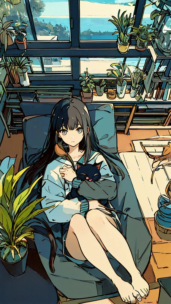 a girls, from above, plant, black hair, cat, lying, indoors, holding, long sleeves, long hair, stuffed toy, potted plant, book, food, window, phone, loaded interior, television, short hair, on back, stuffed animal, bangs, slippers, barefoot, sitting, bookshelf, shelf, cable, computers,blue sky