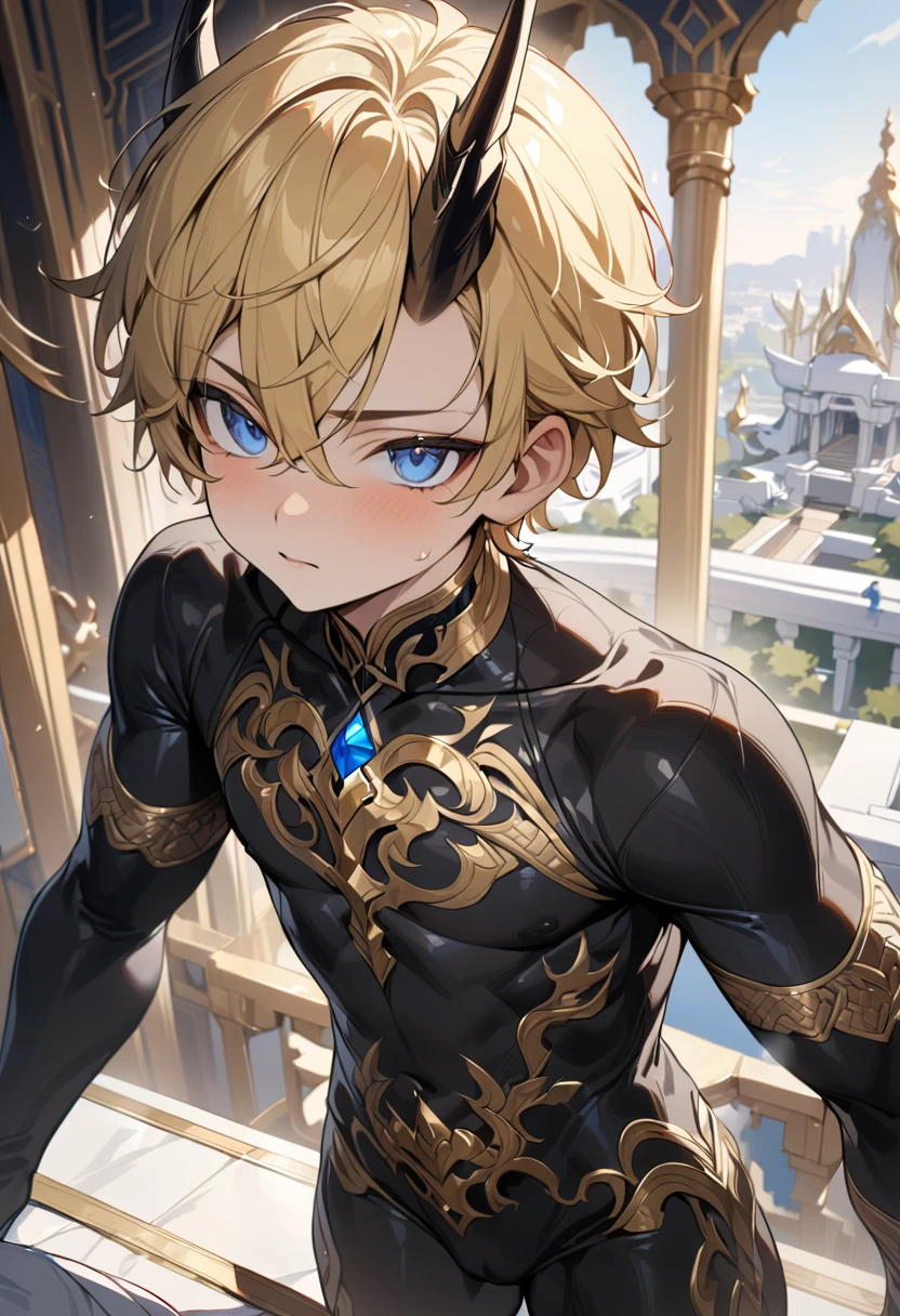 high quality,(best quality,4K,a high resolution,masterpiece:1.2),super detailed,(1 boy),(solo),juvenile,(Male juvenile),handsome and cute boy,yellow hair, black dragon horn, Black bodysuit with golden pattern,blue eye，short hair，single photo,the white temple of light,magnificent palace background，
