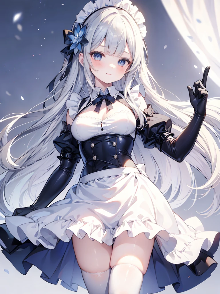 best quality,masterpiece,detailed face, uncensored, 1girl, solo focus, smile, blush, solo, full body, standing, dark blue hair, long hair,low tied hair, forehead, blue eyes, maid, maid headdress, dark blue dress, puffy sleeves, elbow gloves, white gloves, apron, long skirt, dark blue skirt, white thighhighs,Masterpiece, Top Quality Anime Illustration, Super Detail, One Girl, Solo, Beautiful Girl with Silver Hair, Anime , maid dress,Smile,(white background),((charming))、perfect proportions, cute woman, baby face, BREAK source_anime, high detail, looking at viewer,POV, large chest, best quality, highly detailed, young face,Droopy eyes,relaxed face,