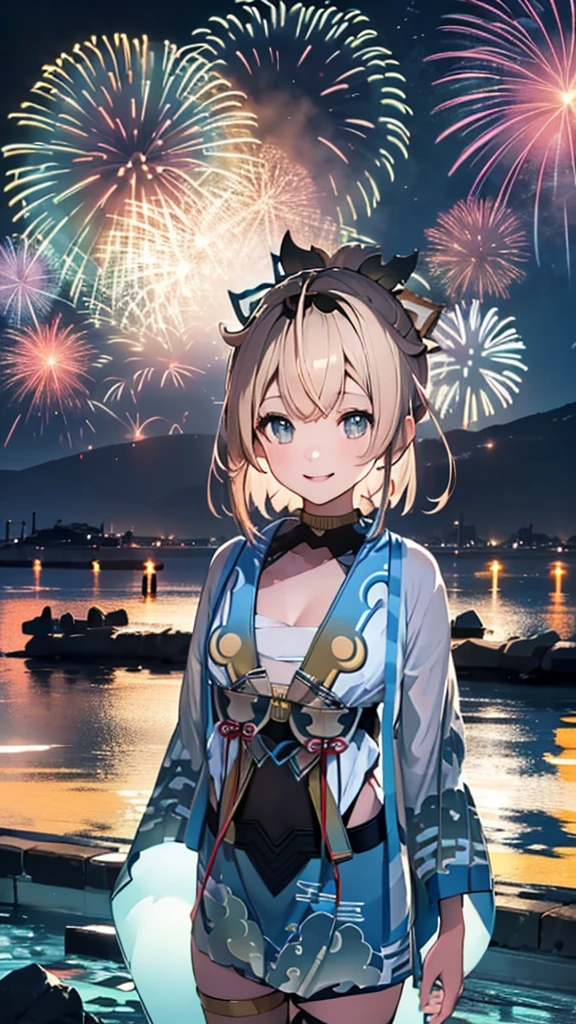 (masterpiece, Highest quality, Super detailed),One girl,((super fine illustration)),((cute eyes,highly detailed skin)),((smile)),(well endowed,Blessed,Captivating body、Detailed Background)、(yukata:1.5),firework,(大量のfirework,Night view,Ocean)、Festivals