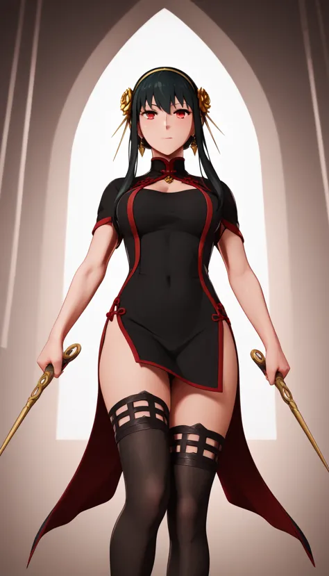 XUER Yor Forger,1girl,yor briar,solo,dual wielding,red eyes,holding,dress,thighhighs,black hair,jewelry,black dress,earrings,bla...