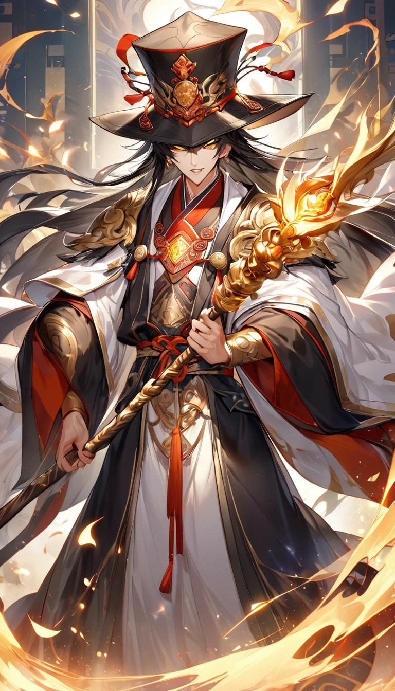 Tianshi Zhong Kui，Tall and ferocious，Dignified face，Sharp eyes。He wears a tall hat，Wearing a gorgeous robe，Holding a staff in his hand。Brave and decisive，The corners of the mouth slightly turned up，Chest of Gold。It is a symbol of justice and majesty.，With magic，Protect kindness and people