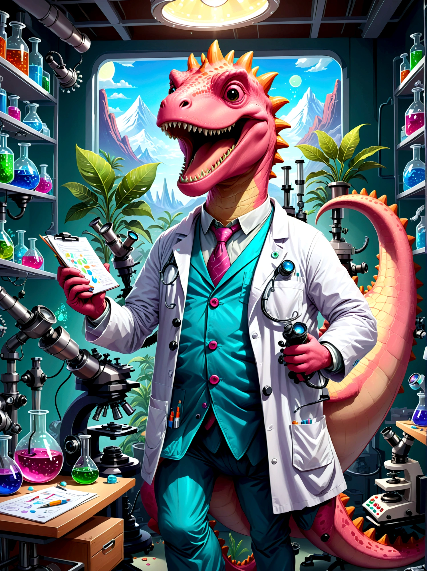 Розовый персонаж-динозавр с широким, зубастая улыбка, одетый как исследователь, Они в лаборатории, окружен научным оборудованием, таким как микроскопы, мензурки, диаграммы и графики. Динозавр одет в лабораторный халат., Защита глаз, и держит в руке планшет, Бумаги разбросаны, указывая на напряженный рабочий день, Помещение лаборатории наполнено светом, исходящим от люминесцентных ламп над головой., Проиллюстрируйте это в мультяшном стиле.