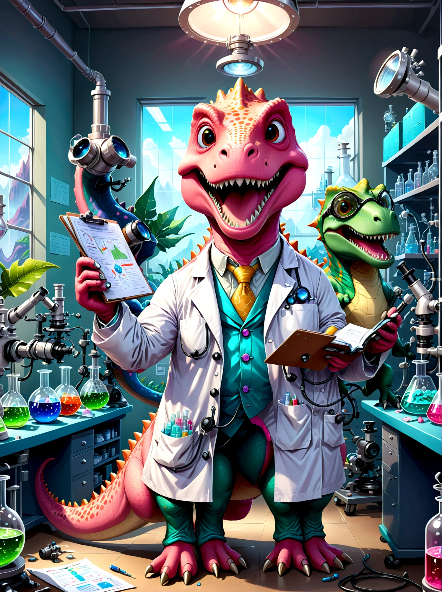 Un personnage de dinosaure rose avec un large, sourire à pleines dents, Habillé en chercheur, Ils sont dans un laboratoire, entouré d&#39;équipements scientifiques comme des microscopes, béchers, tableaux et graphiques. Le dinosaure porte une blouse de laboratoire, Protection des yeux, et tient un presse-papiers à la main, Les papiers sont éparpillés, indiquant une journée de travail chargée, Le laboratoire est rempli de lumière provenant de lampes fluorescentes au-dessus, Illustrez cela dans un style de dessin animé