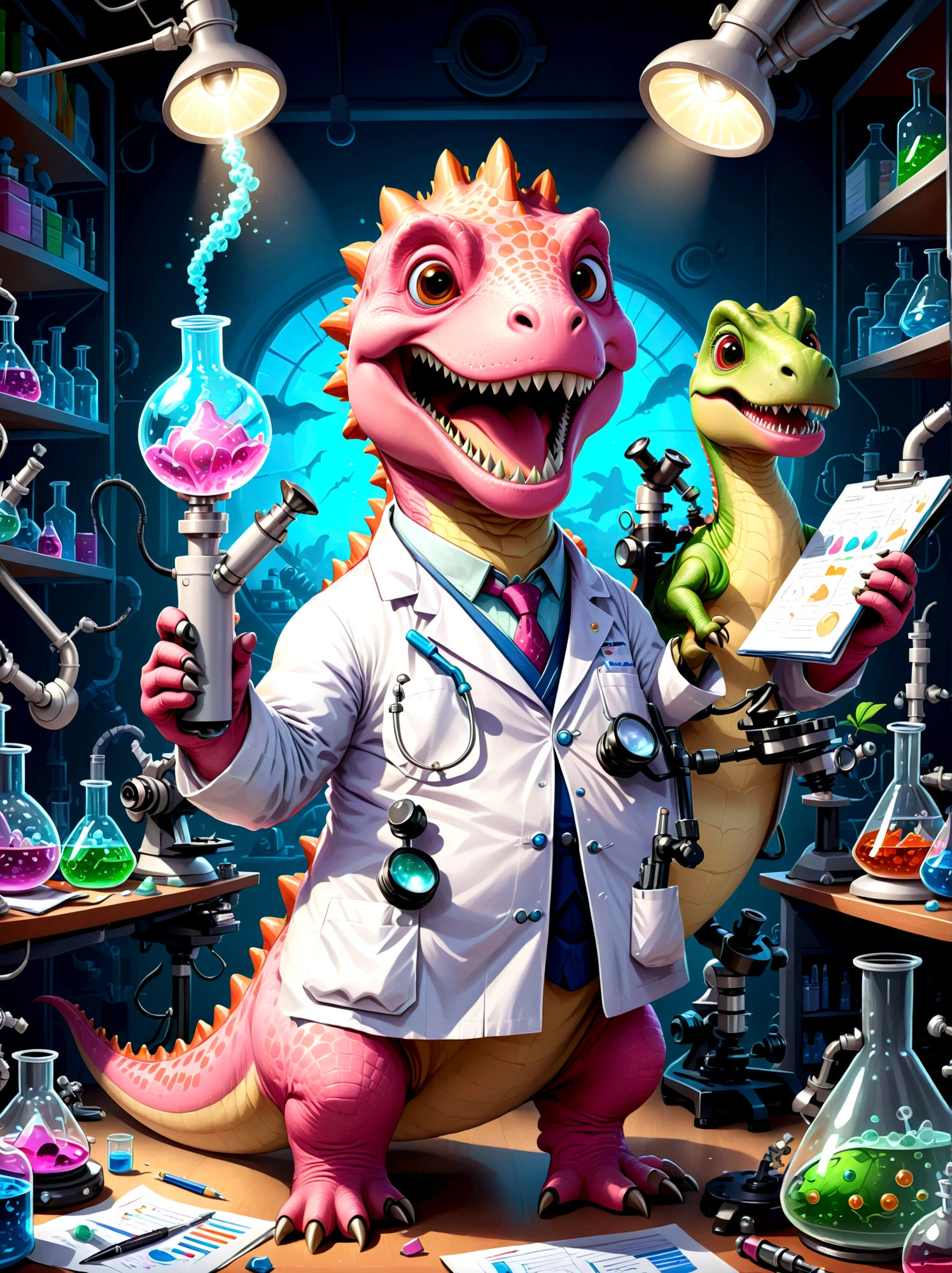 Un personaje de dinosaurio rosa con una amplia, sonrisa con dientes, vestido como un investigador, estan en un laboratorio, rodeado de equipos científicos como microscopios, vasos, Tablas y gráficos. El dinosaurio lleva una bata de laboratorio., Protección para los ojos, y sostiene un portapapeles en la mano, Los papeles están esparcidos, indicando un día de trabajo ocupado, El entorno del laboratorio está lleno de luz proveniente de lámparas fluorescentes en el techo., Ilustra esto en un estilo de dibujos animados.