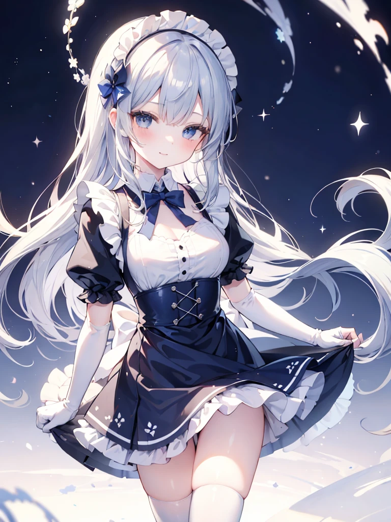 best quality,masterpiece,detailed face, uncensored, 1girl, solo focus, smile, blush, solo, full body, standing, dark blue hair, long hair,low tied hair, forehead, blue eyes, maid, maid headdress, dark blue dress, puffy sleeves, elbow gloves, white gloves, apron, long skirt, dark blue skirt, white thighhighs,Masterpiece, Top Quality Anime Illustration, Super Detail, One Girl, Solo, Beautiful Girl with Silver Hair, Anime , maid dress,Smile,(white background),((charming))、perfect proportions, cute woman, baby face, BREAK source_anime, high detail, looking at viewer,POV, large chest, best quality, highly detailed, young face,Droopy eyes,relaxed face,