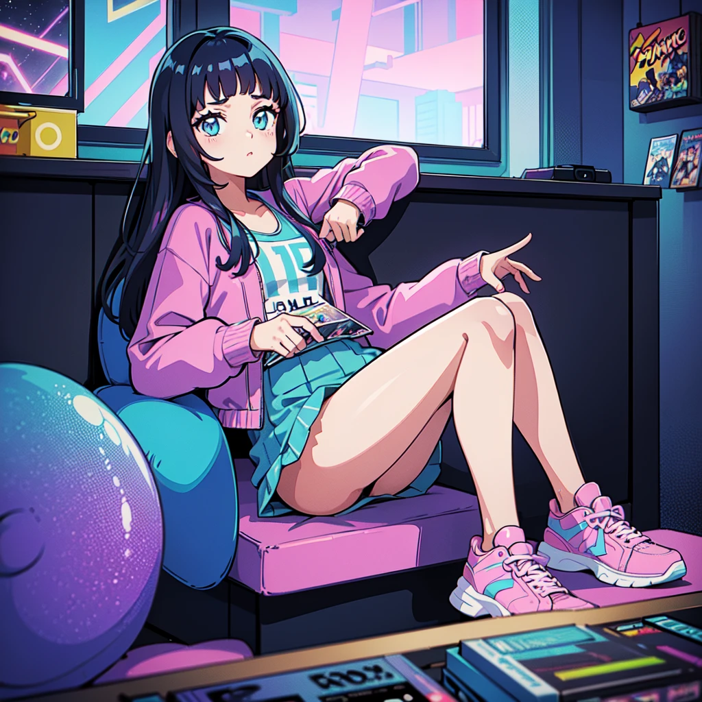 (masterpiece), Highest quality, Expressive eyes, Neon pastel aesthetics, Retro 90s, Neon color,((Girl sitting on sofa,In a cozy room,Records hanging on her wall, Comic books on the floor, Looking out the window behind her at the night city, Upholstered room, Anime figures lined up on a shelf)), Wearing headphones, (All around her it sparkles), (wearing thick colorful sneakers), (blue eyes), (Soft look), (Synthwave Art Style), Colorful Hair, Desk with PC set up