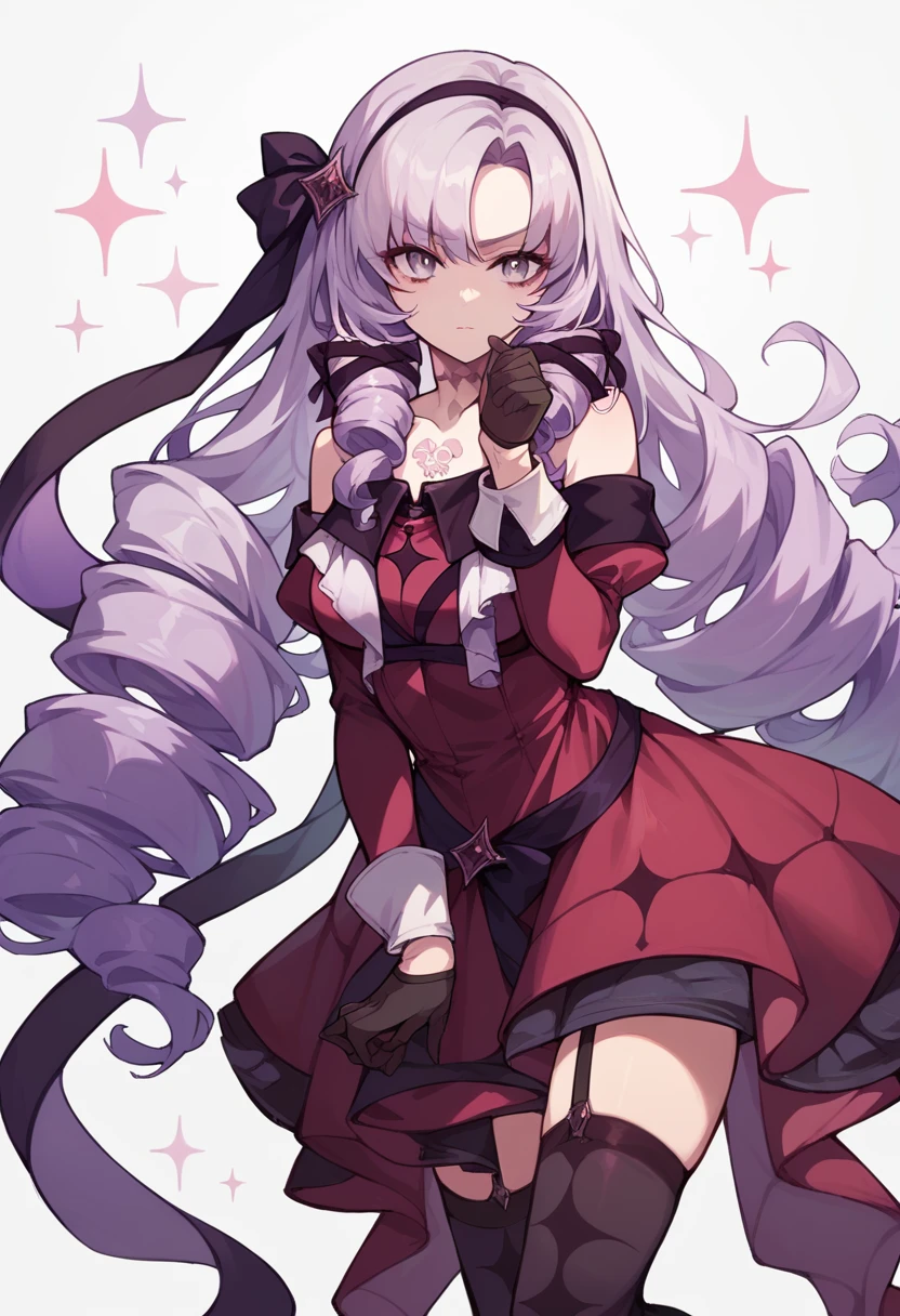 salome, hair ribbon, hairband, chest tattoo, very long hair, bare shoulders, gloves, black gloves, dress, long sleeves, garter straps, thighhighs, black thighhighs