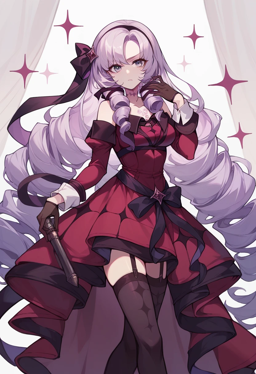 salome, hair ribbon, hairband, chest tattoo, very long hair, bare shoulders, gloves, black gloves, dress, long sleeves, garter straps, thighhighs, black thighhighs