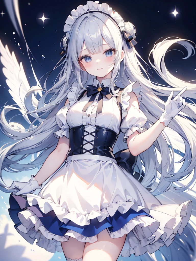 best quality,masterpiece,detailed face, uncensored, 1girl, solo focus, smile, blush, solo, full body, standing, dark blue hair, long hair,low tied hair, forehead, blue eyes, maid, maid headdress, dark blue dress, puffy sleeves, elbow gloves, white gloves, apron, long skirt, dark blue skirt, white thighhighs,Masterpiece, Top Quality Anime Illustration, Super Detail, One Girl, Solo, Beautiful Girl with Silver Hair, Anime , maid dress,Smile,(white background),((charming))、perfect proportions, cute woman, baby face, BREAK source_anime, high detail, looking at viewer,POV, large chest, best quality, highly detailed, young face,Droopy eyes,relaxed face,