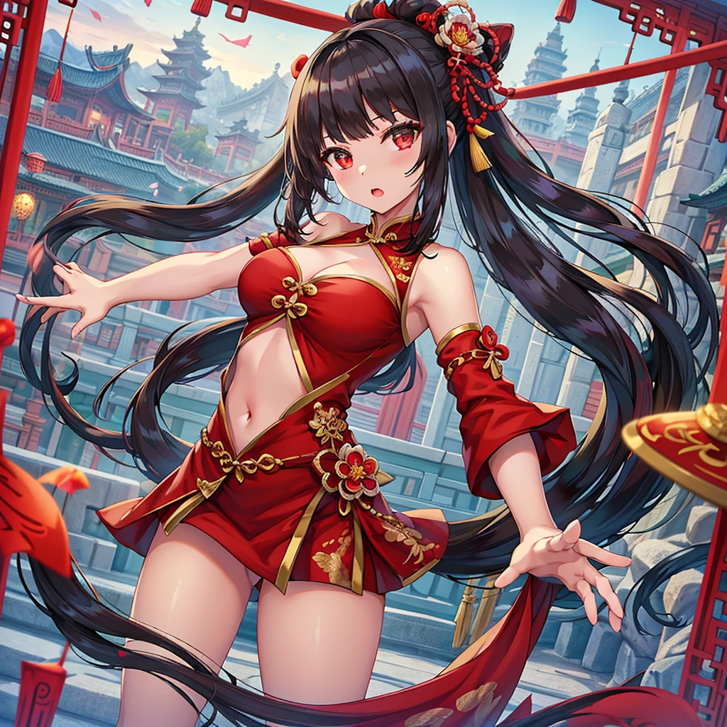 Masterpiece、Highest quality、Super detailed、1 girl、Black Hair、(Big Tits)、Fluffy and soft long hair、Red Eyes、Chinese clothing、Chinese Fantasy Palace、Cleavage、(Underboob)、Belly button、Ruffles and ribbons、