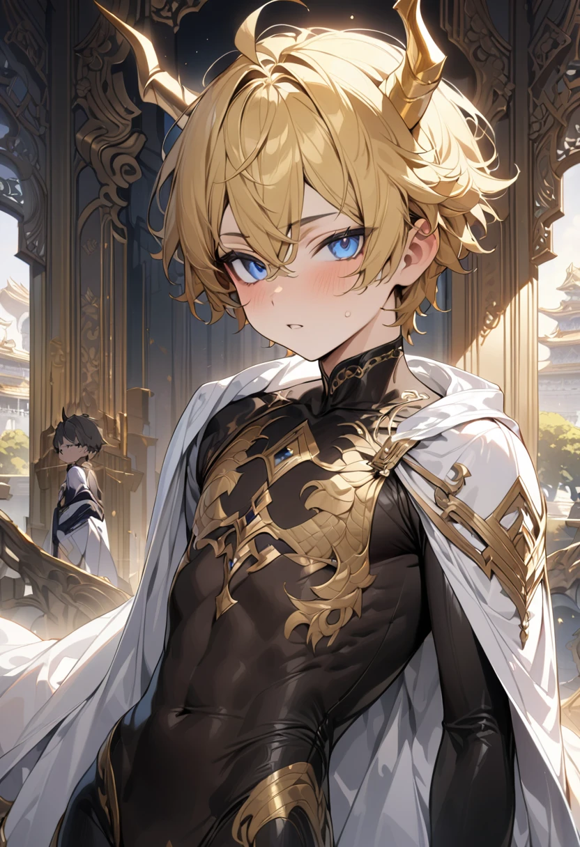 high quality,(best quality,4K,a high resolution,masterpiece:1.2),super detailed,(1 boy),(独奏),juvenile,(Male juvenile),handsome and cute boy,yellow hair, black dragon horn, Black bodysuit with golden pattern,blue eye，short hair，single photo,the white temple of light,magnificent palace background，Wearing a white cape behind
