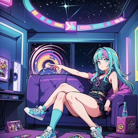 (masterpiece), highest quality, expressive eyes, neon pastel aesthetics, retro 90s, neon color,((girl sitting on sofa,in a cozy ...