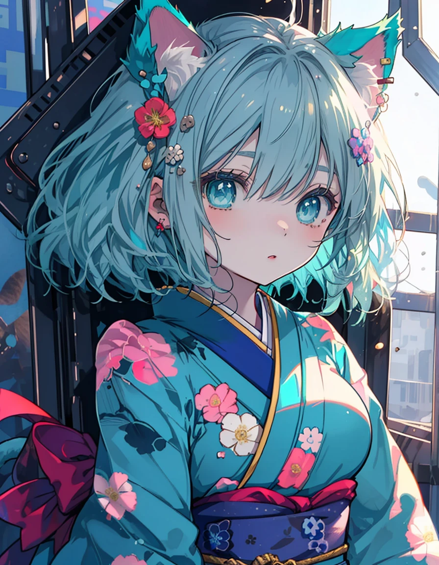 Lori, mini character, green hair, Japanese kimono, ((masterpiece, best quality:1.5)), ((Beautiful detailed cat aqua eyes:1.2)), cat ears, pale skin, medium breasts, beautiful hands, beautiful fingers, EasyNegative