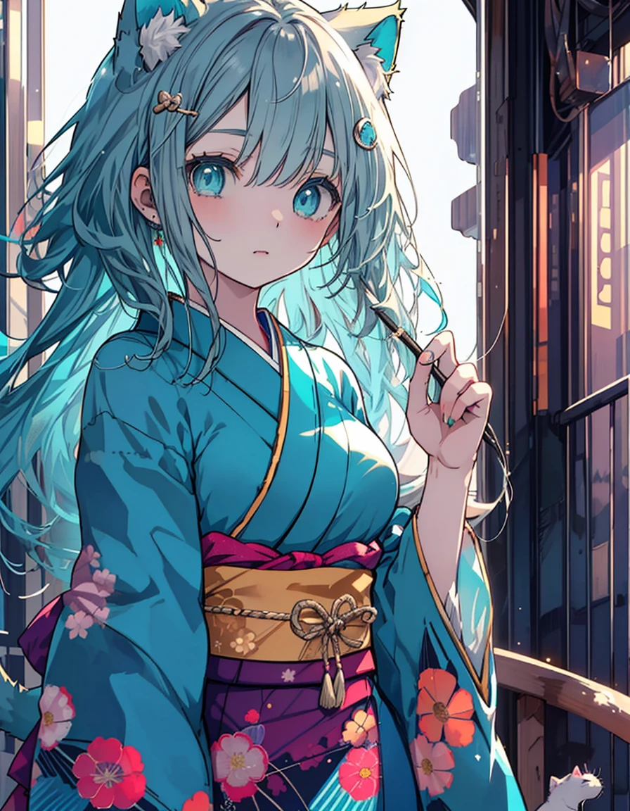 Lori, mini character, green hair, Japanese kimono, ((masterpiece, best quality:1.5)), ((Beautiful detailed cat aqua eyes:1.2)), cat ears, pale skin, medium breasts, beautiful hands, beautiful fingers, EasyNegative