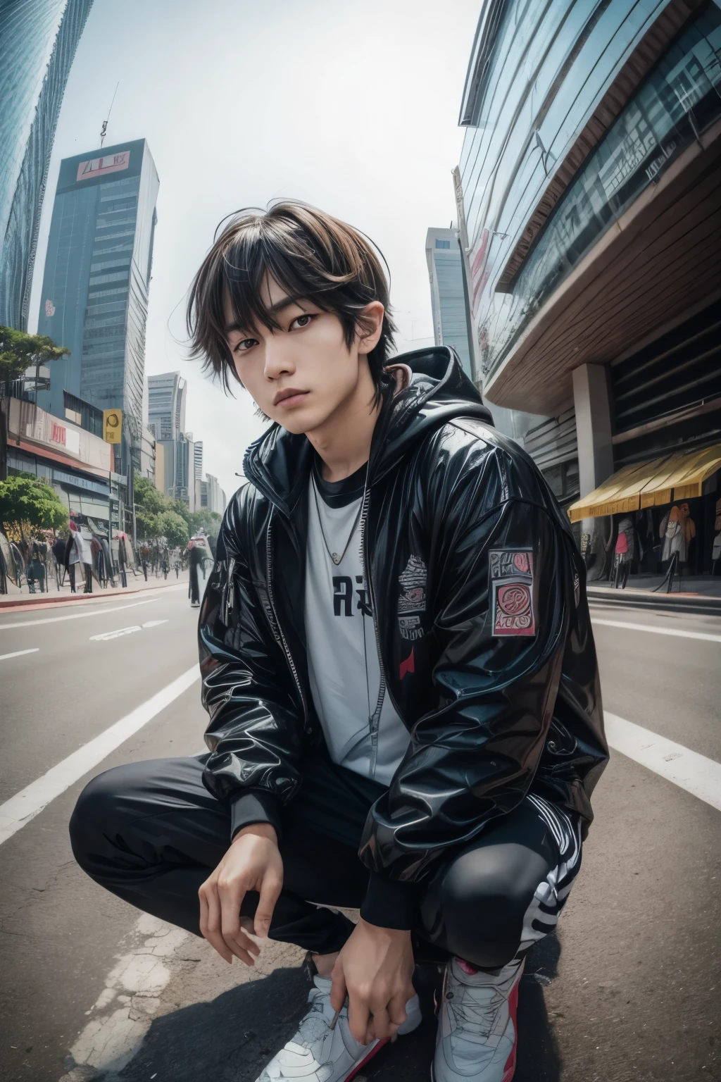 asian man sitting on the ground in front of a building, wideangle portrait, wide angle dynamic portrait, anime style mixed with fujifilm, wide - angle portrait, fisheye portrait, sitting in monas jakarta, indonesian streetwear, in the streets of jakarta, portrait of a indonesia teen, wearing japanese techwear, wide angle + masterpiece, shibuya shibuya looks like jungkook with a beautiful mullet hair