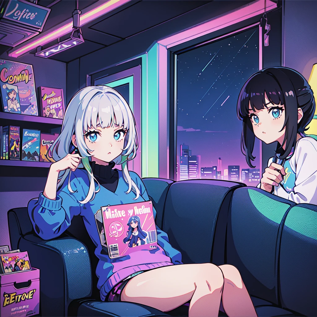 (masterpiece), Highest quality, Expressive eyes, Neon pastel aesthetics, Retro 90s, Neon color,((Girl sitting on sofa,In a cozy room,Records hanging on her wall, Comic books on the floor, Looking out the window behind her at the night city, Upholstered room, Anime figures lined up on a shelf)), Wearing headphones, (All around her it sparkles), (wearing thick colorful sneakers), (blue eyes), (Soft look), (Synthwave Art Style), Colorful Hair, Desk with PC set up