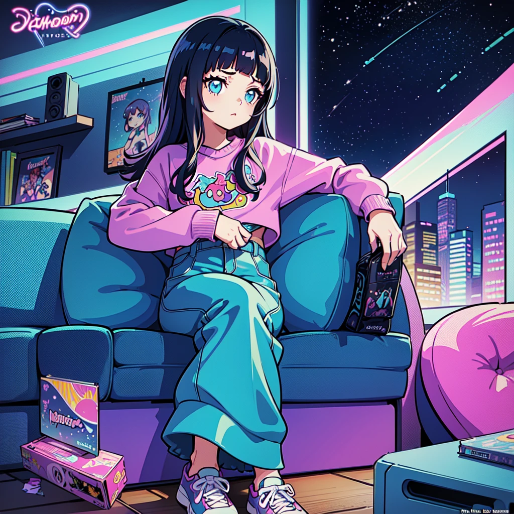 (masterpiece), Highest quality, Expressive eyes, Neon pastel aesthetics, Retro 90s, Neon color,((Girl sitting on sofa,In a cozy room,Records hanging on her wall, Comic books on the floor, Looking out the window behind her at the night city, Upholstered room, Anime figures lined up on a shelf)), Wearing headphones, (All around her it sparkles), (wearing thick colorful sneakers), (blue eyes), (Soft look), (Synthwave Art Style), Colorful Hair, Desk with PC set up