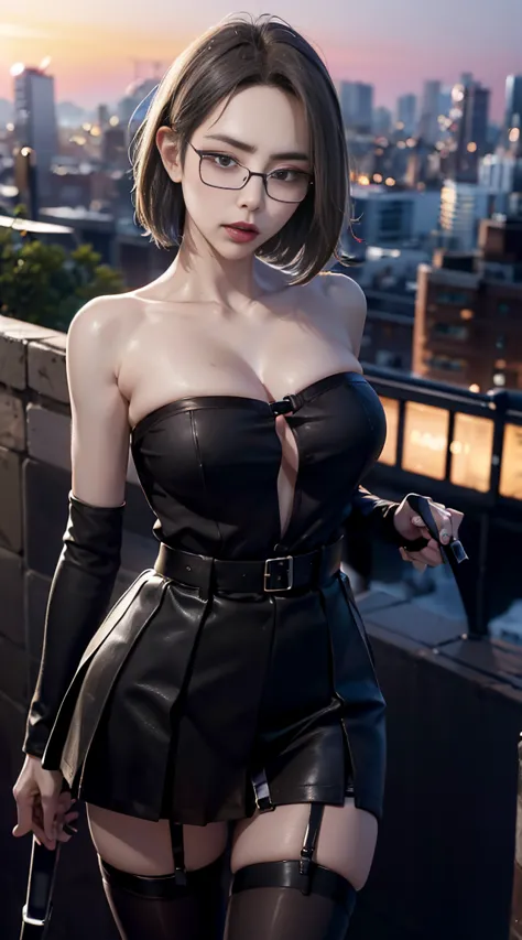 4k picture quality、最high qualityの傑作、wearing thin silver glasses、punk girl in black shirt, (heavy makeup), blurred city backgroun...