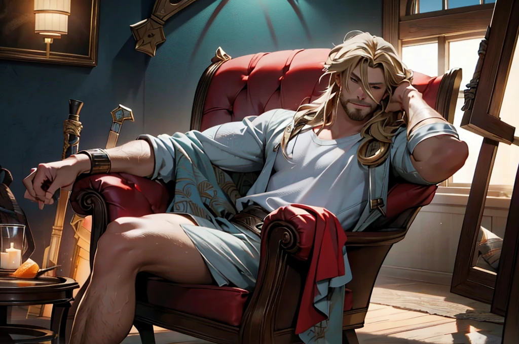 16 k,  and cinematic style portraying Thor in a humorous and relaxed way. Depict Thor sitting in an armchair with spreadlegs, visibly relaxed and with an expression of fun on his face, as if he were slightly intoxicated. Place the hammer Mjölnir on a table next to him.