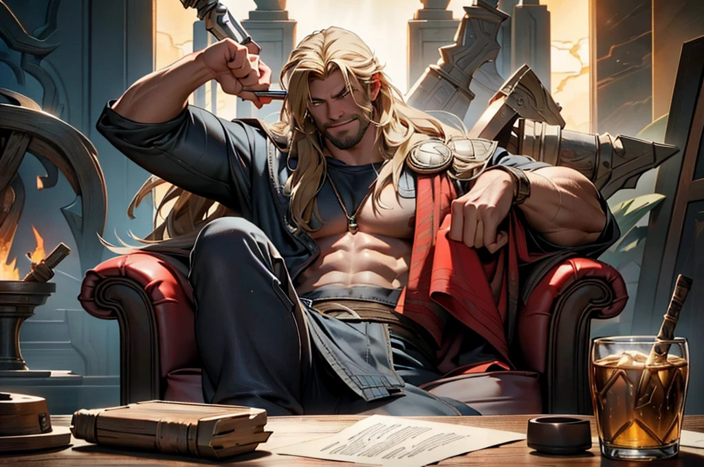 16 k,  and cinematic style portraying Thor in a humorous and relaxed way. Depict Thor sitting in an armchair with spreadlegs, visibly relaxed and with an expression of fun on his face, as if he were slightly intoxicated. Place the hammer Mjölnir on a table next to him.