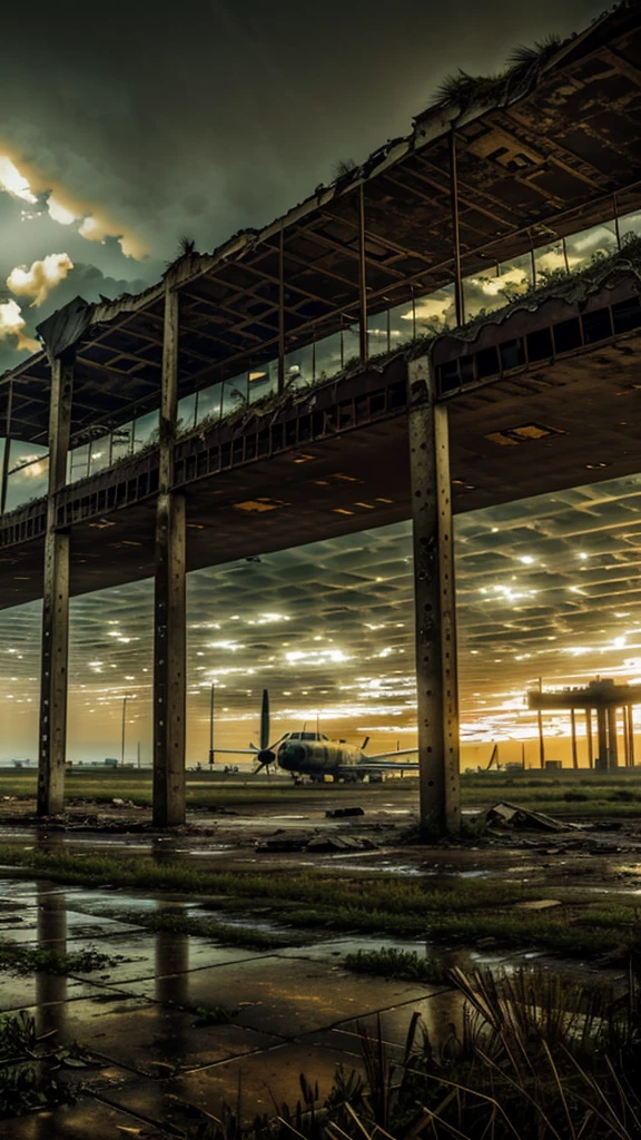 Aeroporto abandonado, avião abandonado, natureza coberta de vegetação, Ruínas, Arquitetura em ruínas, iluminação atmosférica, composição cinematográfica, tons temperamentais, realista, photorealista, 8K, melhor qualidade, Altamente detalhado, obra de arte, iluminação cinematográfica, sombras dramáticas, corajoso, resistido, distópico, sci-fi, Pós-apocalíptico