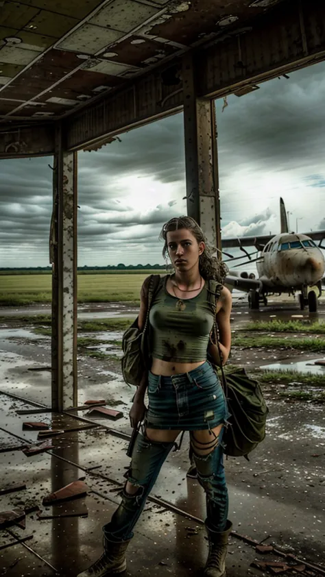 a 16 y.o. trashy girl at abandoned airport, derelict airplane, overgrown nature, ruins, crumbling architecture, atmospheric ligh...