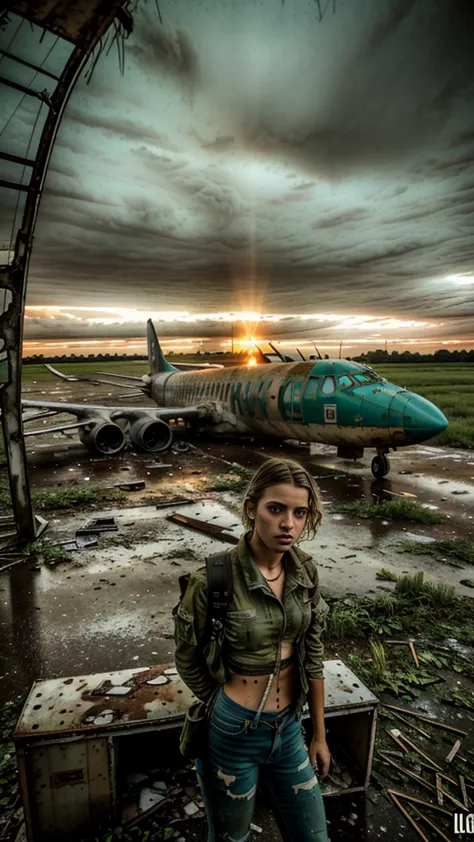a 16 y.o. trashy girl at abandoned airport, derelict airplane, overgrown nature, ruins, crumbling architecture, atmospheric ligh...