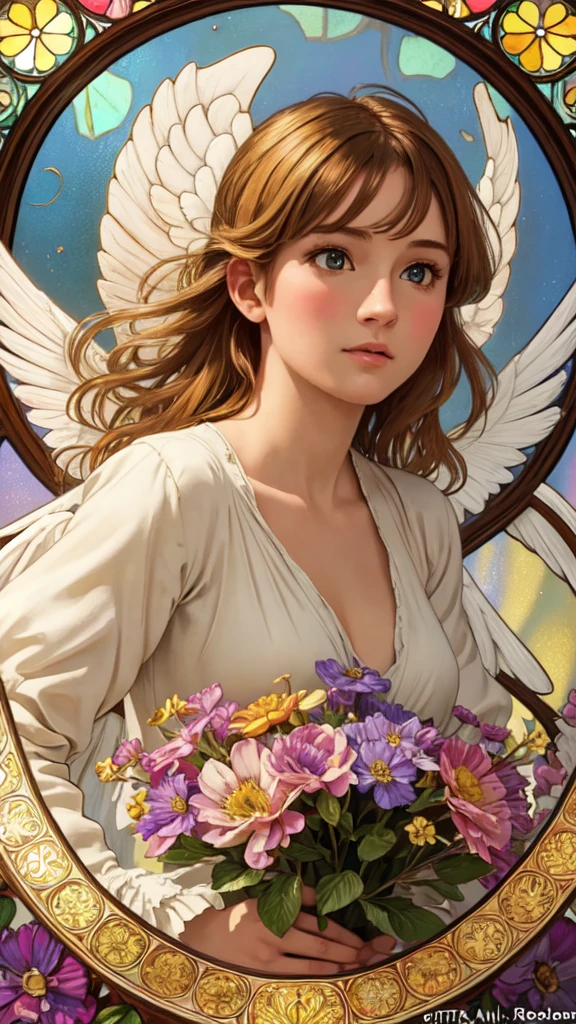 realistic,photorealistic,photo-realistic:1.37,best quality,4k,8k,highres,masterpiece:1.2,ultra-detailed,vibrant colors,stained glass,beautiful vintage angel woman,frontal face,front face,front view,gold hair,determined expression,(large open angel wings:1.1),Alphonse Mucha style,intricate floral background,warm tones,soft lighting,1girl