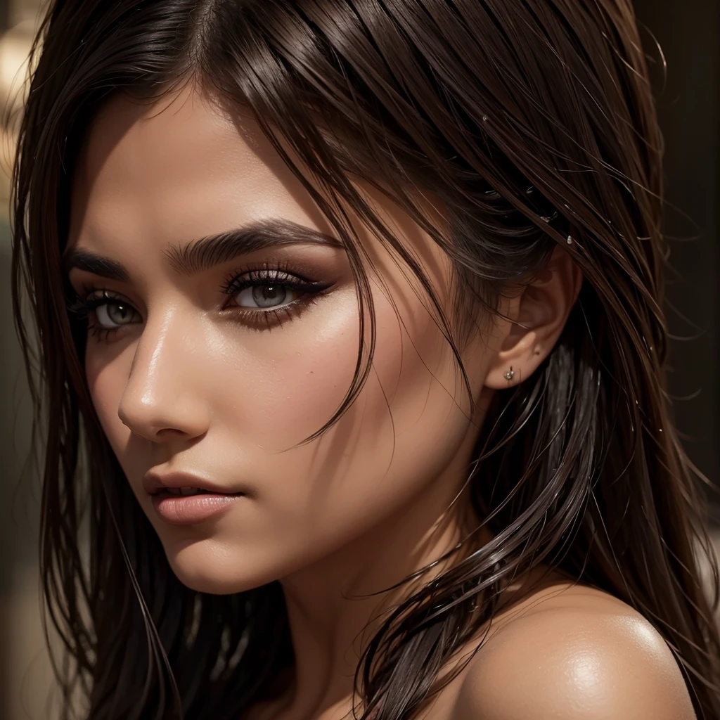 a beautiful woman, realistic portrait, detailed eyes, long eyelashes, full lips, flawless skin, volumized dark brown hair, realistic skin texture, dramatic lighting, cinematic composition, photorealistic, 8k, high resolution, intricate detail, masterpiece