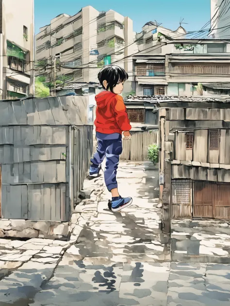 A boy walks down a street，The background is a building, 根据Children&#39;s drawings, Champion of dribbling competition, Children&#...