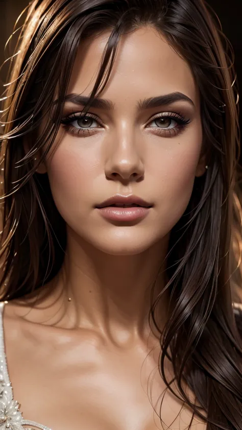 a beautiful woman, realistic portrait, detailed eyes, long eyelashes, full lips, flawless skin, volumized dark brown hair, reali...