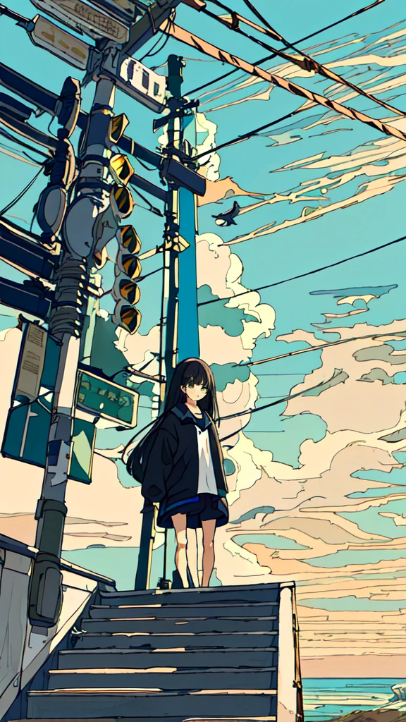 masterpiece, intricate details,highest quality, 1 girl, alone, handrail, cloud,outdoor, whale,long hair, shoes, null, long sleeve, sneakers, power line, 白いshoes, black hair, looking at the viewer, telephone pole, bangs, cloudy null, fish, bird, green eyes, shorts, animal, Day, black shirt,座っている