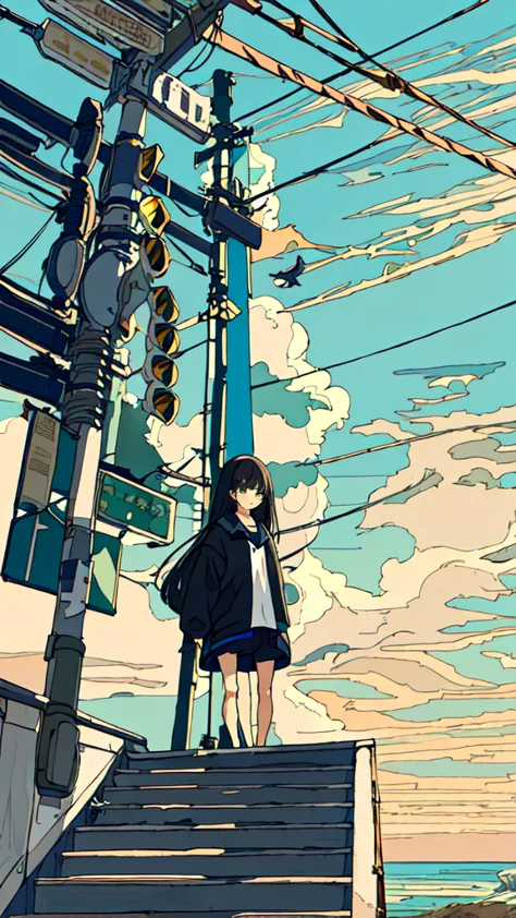 masterpiece, intricate details,highest quality, 1 girl, alone, handrail, cloud,outdoor, whale,long hair, shoes, null, long sleev...
