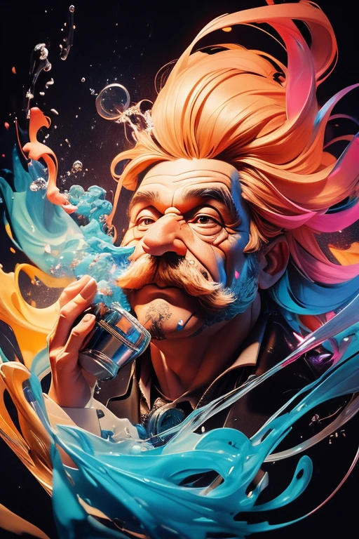 Highly detailed, The moment the flask shattered, into colored smoke ink, alberto seveso art, photo studio, A portrait of Einstein winking, with a slight transparency in the background