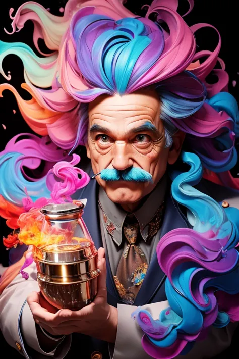 Highly detailed, The moment the flask shattered, into colored smoke ink, alberto seveso art, photo studio, A portrait of Einstei...