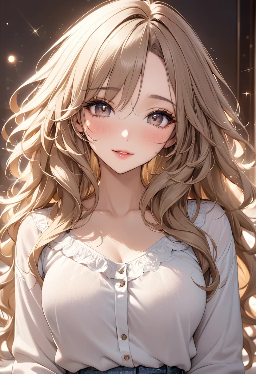 best quality, super fine, 16k, incredibly absurdres, extremely detailed, 2.5D, delicate and dynamic depiction, beautiful woman, amorous and lewd expression, light brown messy wavy hair, make-up, casual clothes, long skirt, sparkly fluffy effect, portraits, prime lenses, lens filters, clear subject