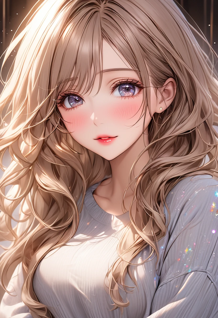 best quality, super fine, 16k, incredibly absurdres, extremely detailed, 2.5D, delicate and dynamic depiction, beautiful woman, amorous and lewd expression, light brown messy wavy hair, make-up, casual clothes, long skirt, sparkly fluffy effect, portraits, prime lenses, lens filters, clear subject