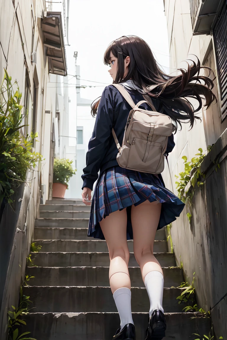 (full body:1.3), (Angle from below:1.3), (ultra detailed eyes), (ultra detailed face), high quality, best image quality, masterpiece, teenage girl, 18 years old, very cute and beautiful girl, (school stairs:1.2), ((school uniform)), (plaid skirt:1.2), school bag, (Dark blue ankle socks:1.2), (Brown Loafers:1.2), medium breasts, medium black hair, soft wavy hair, (smile:1.2), (looking back, from behind:1.3), Natural lighting, Hair fluttering in the wind, ((Finest quality)), ultra high resolution, ultra-detailliert, Meticulous portrayal, ((Best Anime)),