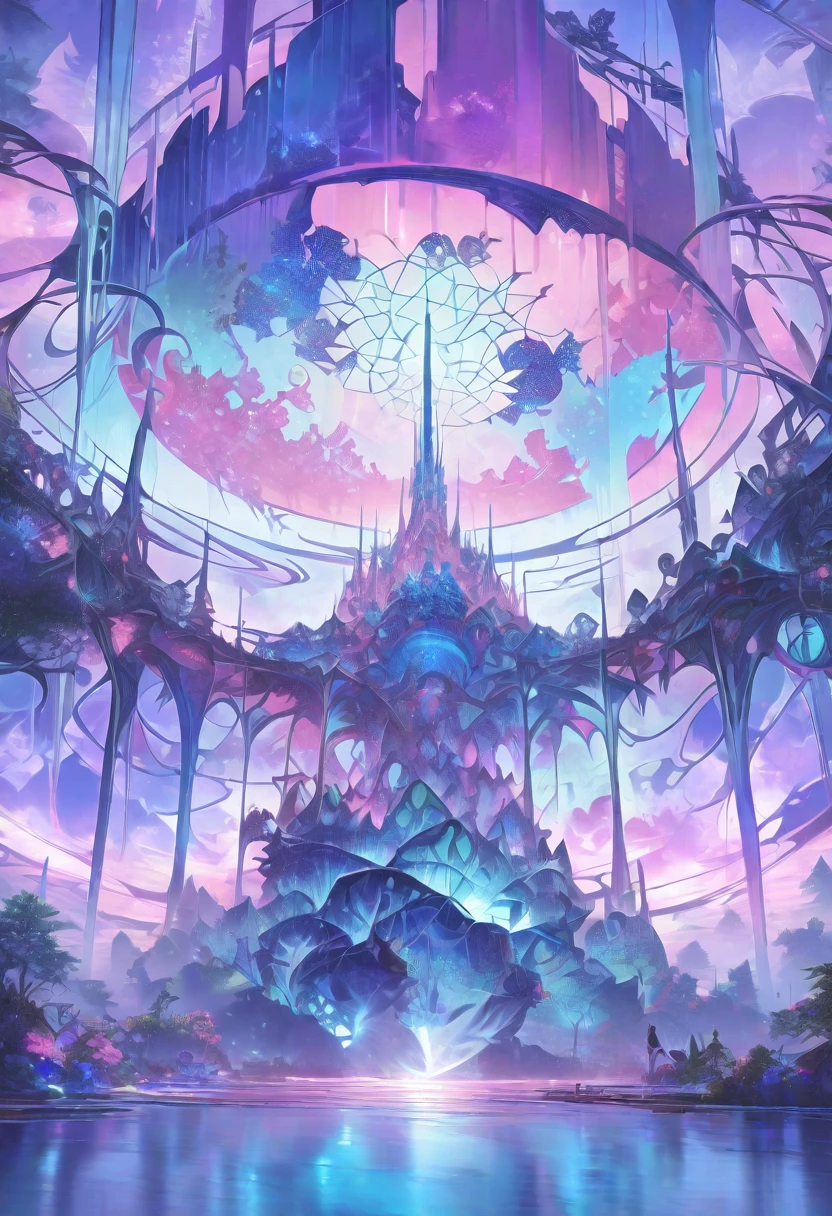 ((masterpiece)), (anime:1.3), ((Highest quality)), (Abstract art:1.5), (High resolution), (pale colour), Wide Shot, (Fractal structure:1.5), , landscape, (beautiful), (Biological atmosphere), deep sea, (pretty girl),  beautiful白い髪,  transparent　Glass　ice　mirror　Blue rose　water晶 透き通っている　water　Prism Photoreal　３DCG
