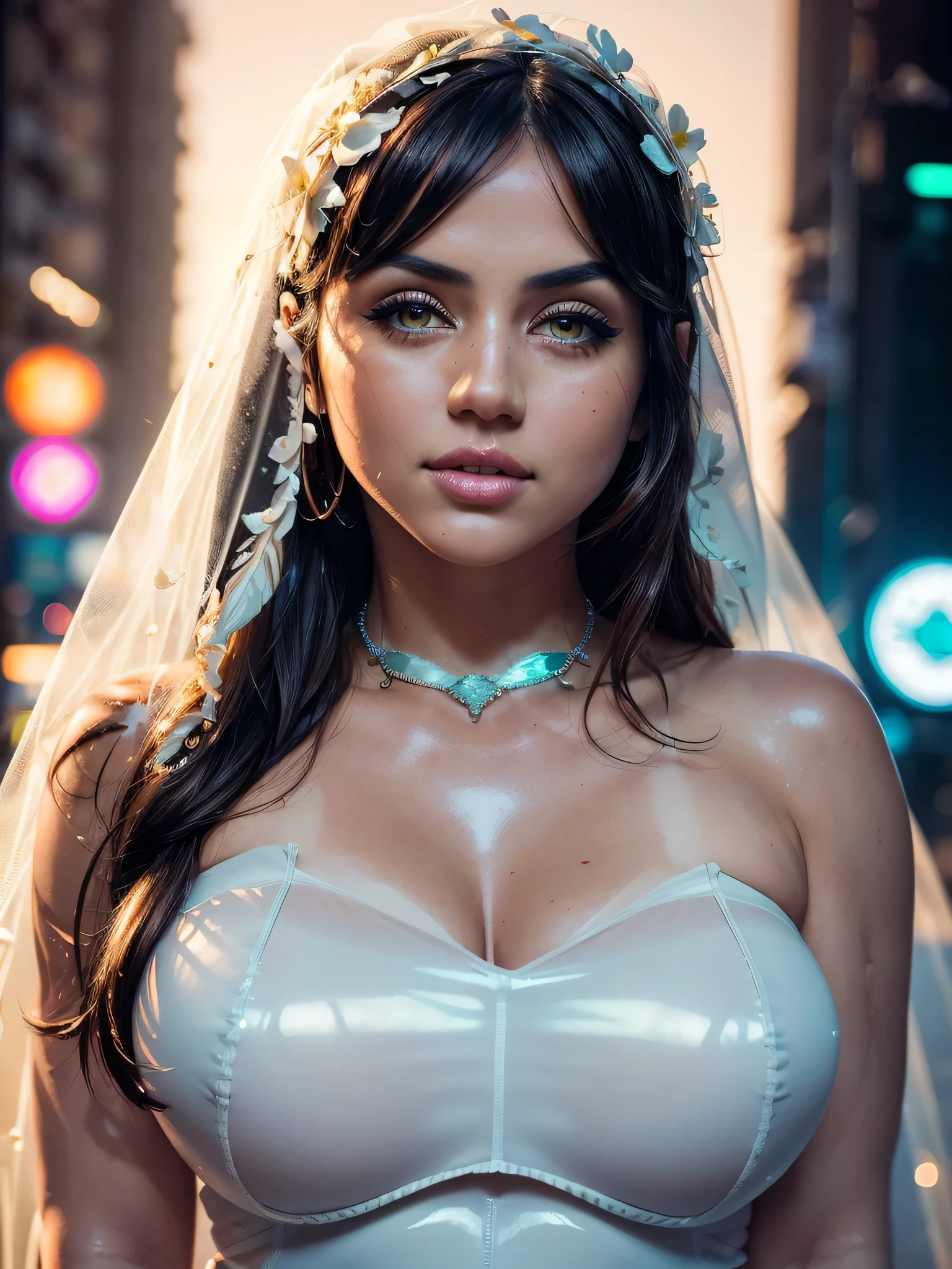 (ultra realistic,32k,RAW photo:1.1),(high detailed skin:1.1), 8k uhd, dslr, high quality, film grain, (makeup, mascara:1.1), lips,(thick\lips\), (shiny glossy translucent clothing:1.1), flower, veil, bride, white swimsuite, fullbody photo, hair flower, bridal veil, bare shoulders, strapless, detached collar, feather trim, Posing as if whispering a secret, (busty:1.1) , (chubby:0.1),(soft shaded neon light:1.2), dark theme, sunrise, vibrant colors, horizon glow, tranquil