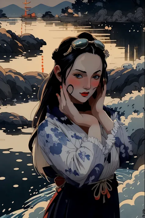 masterpiece, best quality, ukiyo-e:1.2, in hokusai style, a beautiful 20s russian model, ultra detailed face