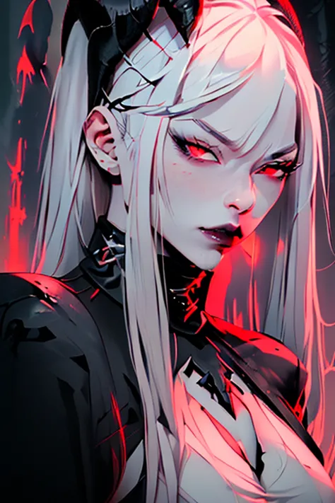 a woman with white hair and red eyes, two horns on her head.、thick lips、straight nose、hair length is semi-long、slit eyes、dressed...