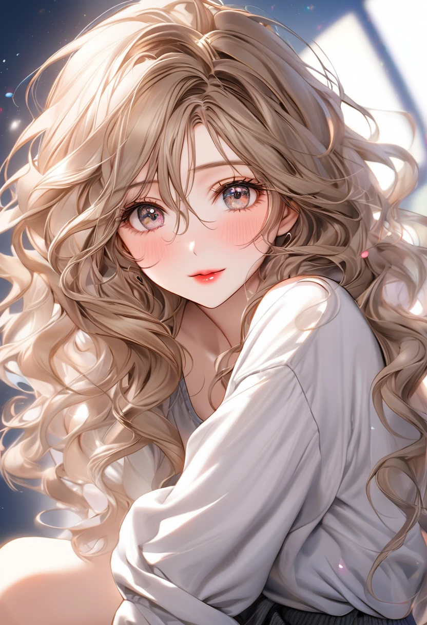 best quality, super fine, 16k, incredibly absurdres, extremely detailed, 2.5D, delicate and dynamic depiction, beautiful woman, amorous and lewd expression, light brown messy wavy hair, make-up, casual clothes, long skirt, sparkly fluffy effect, portraits, prime lenses, lens filters, clear subject